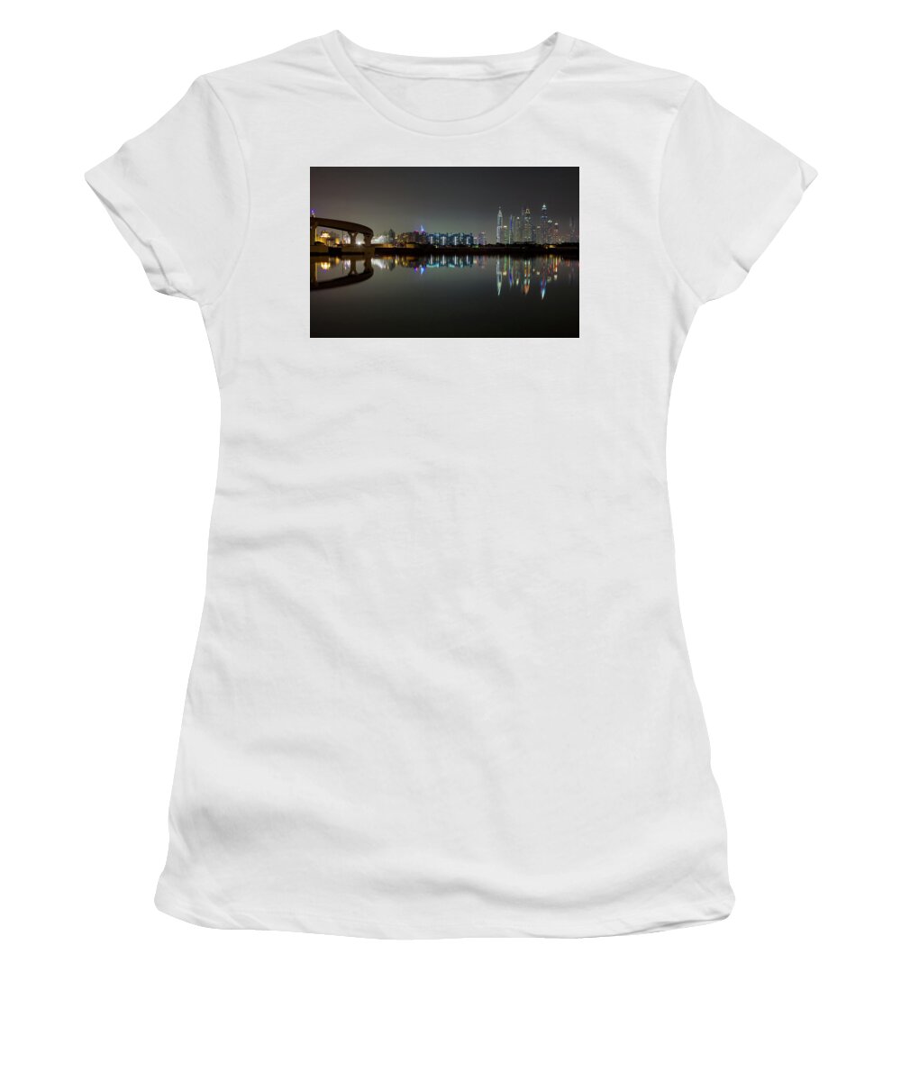Dubai Women's T-Shirt featuring the photograph Dubai city skyline night time reflection by Andy Myatt
