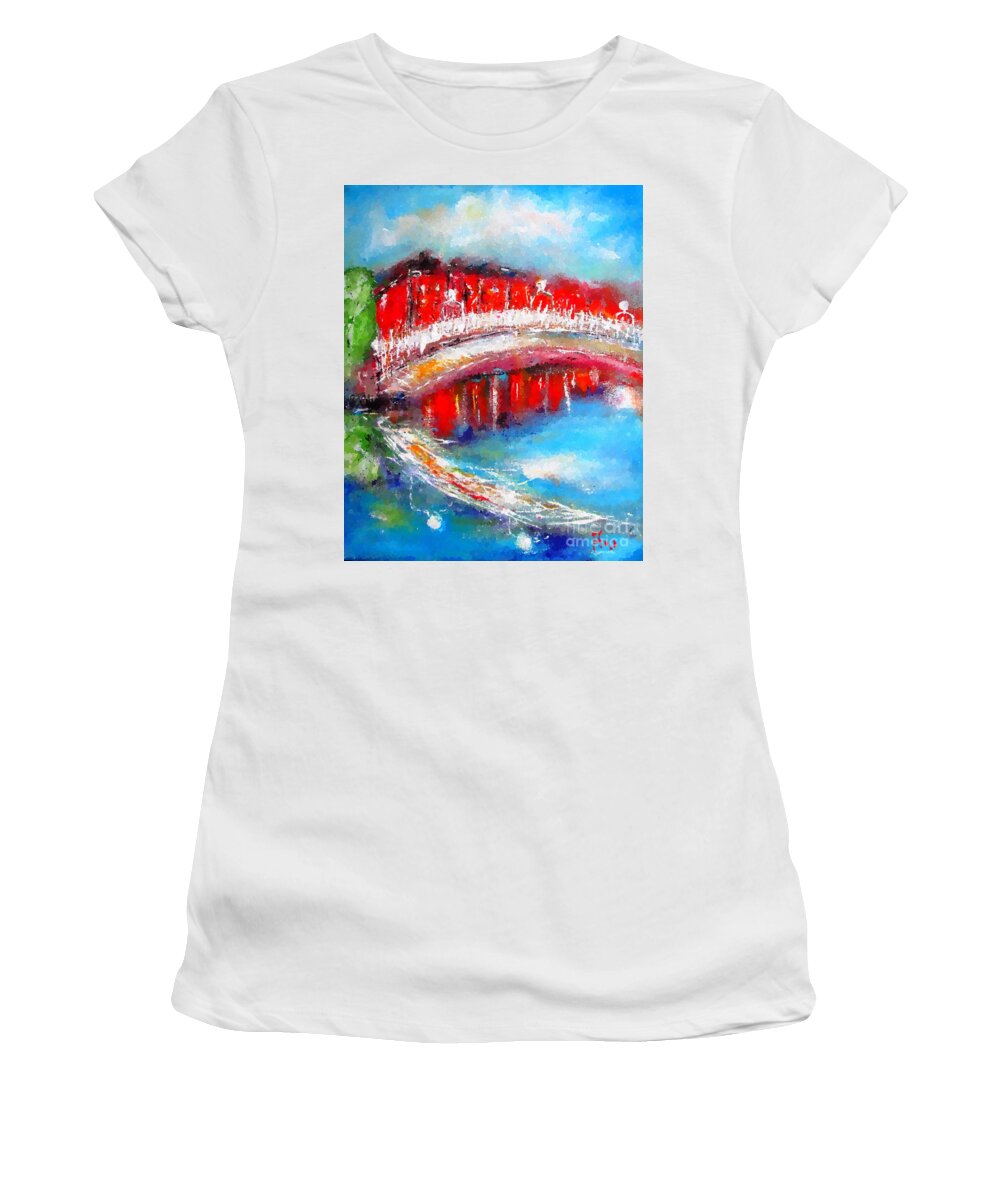 Semi Abstract Women's T-Shirt featuring the painting Dublin Bridge Paintings- Semi Abstract Dots by Mary Cahalan Lee - aka PIXI