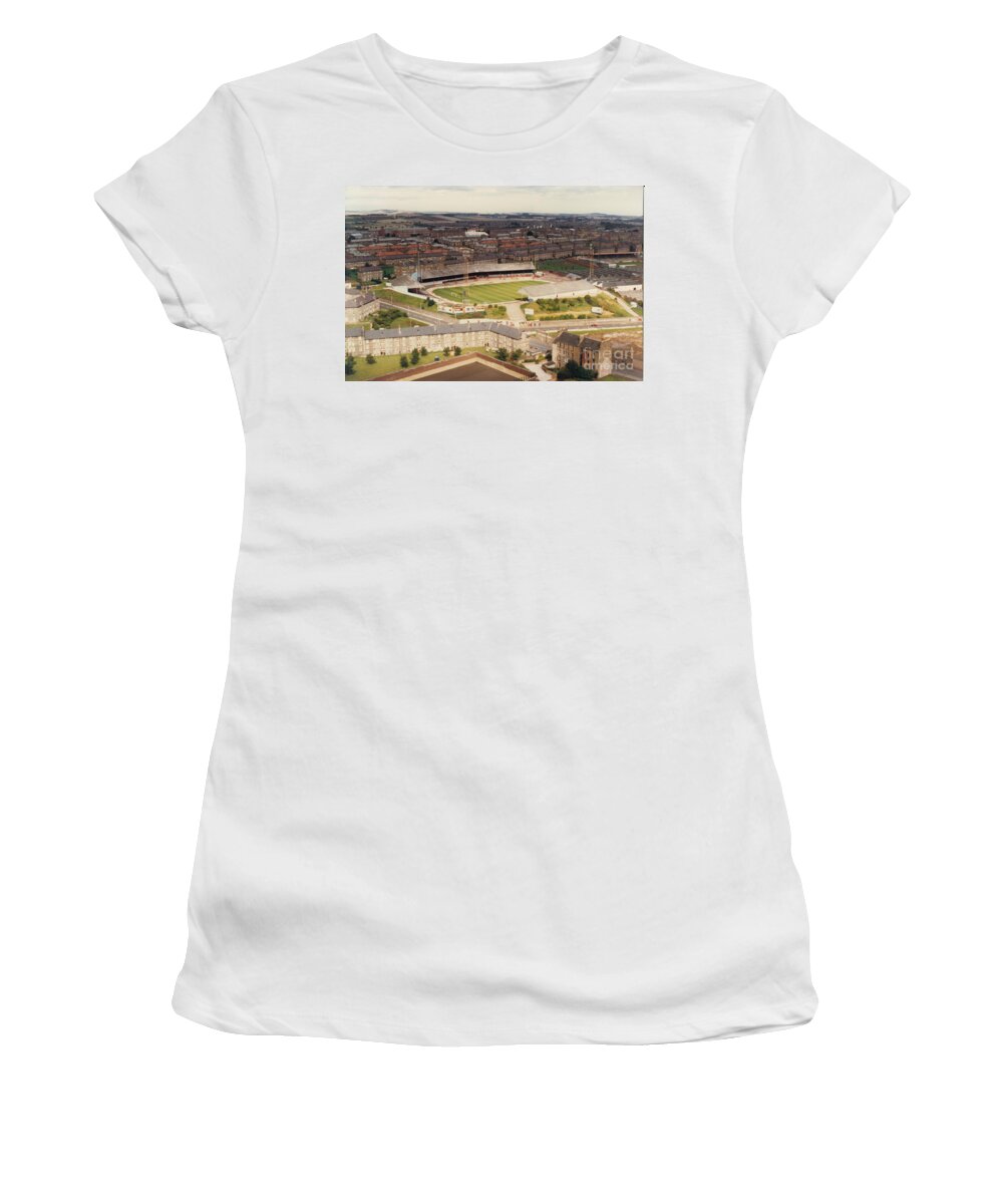  Women's T-Shirt featuring the photograph Dundee FC - Dens Park - Aerial View 1 - Leitch - August 1988 by Legendary Football Grounds