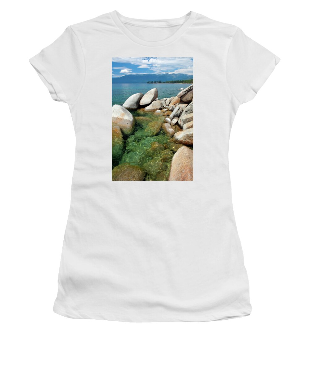 Lake Women's T-Shirt featuring the photograph East Shore, Rocks - Lake Tahoe, Nevada by Steve Ellison