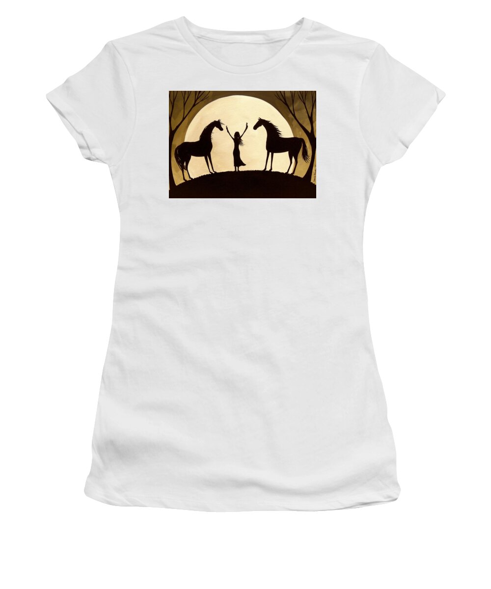 Silhouette Women's T-Shirt featuring the painting Eastern Breeze - horse moon silhouette by Debbie Criswell