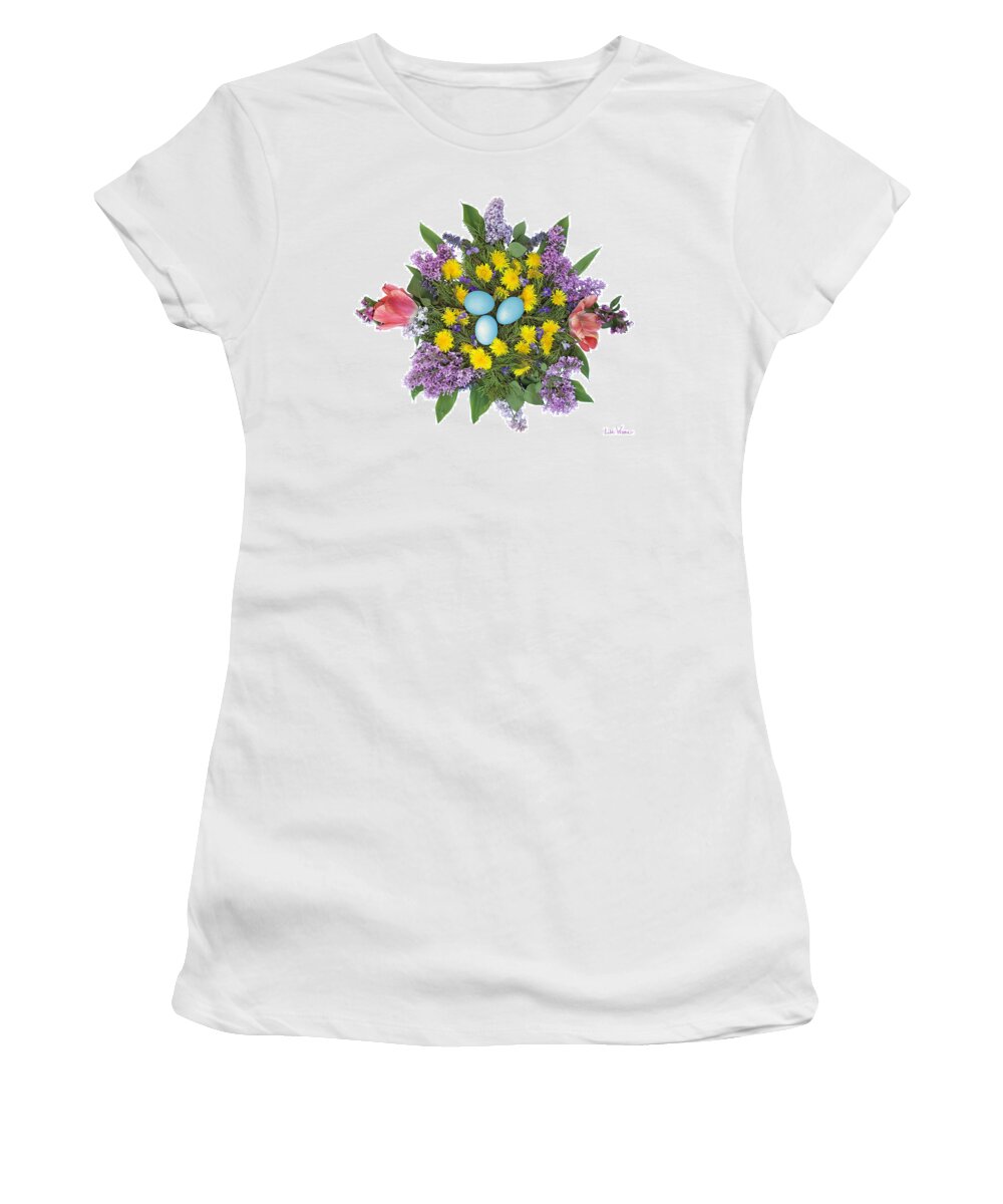 Eggs Women's T-Shirt featuring the photograph Eggs in Dandelions, Lilacs, Violets and Tulips by Lise Winne