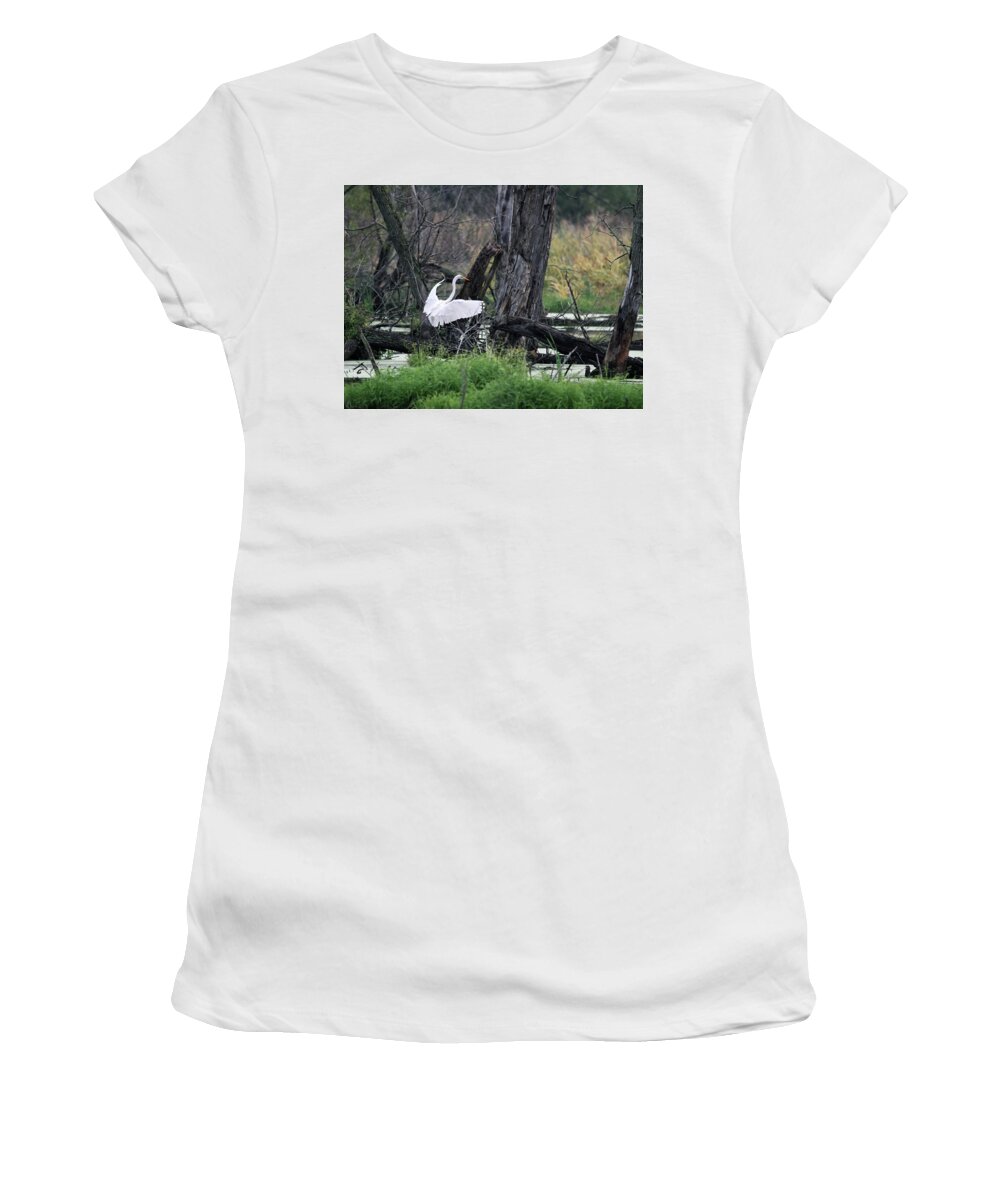 Egret Women's T-Shirt featuring the photograph Egret In Flight by Jackson Pearson