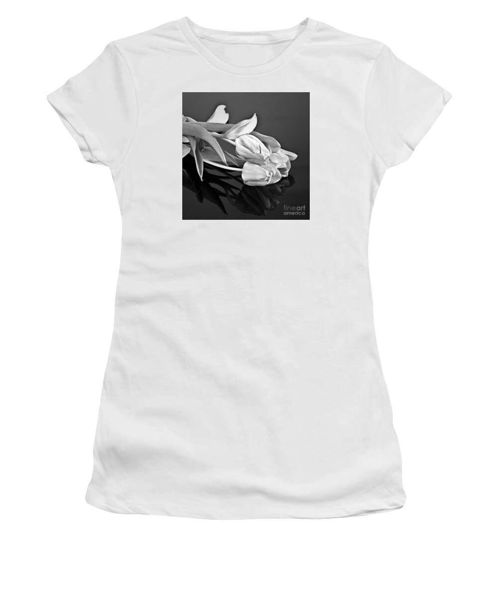 Tulips Women's T-Shirt featuring the photograph Even Tulips are Beautiful in Black and White by Sherry Hallemeier
