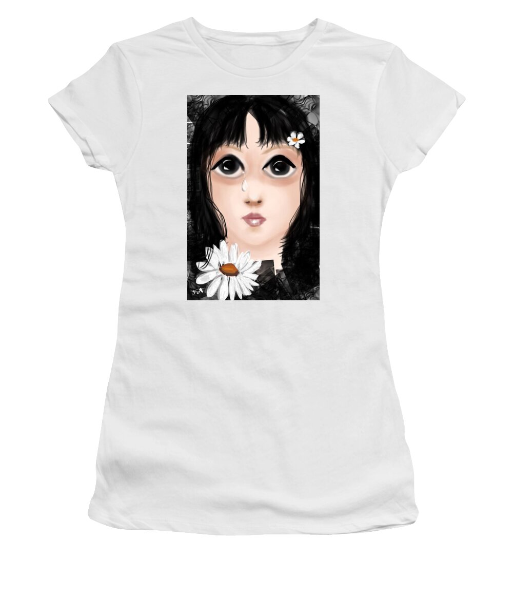Faces Women's T-Shirt featuring the painting Face with teardrop and daisy by Kathleen Hromada