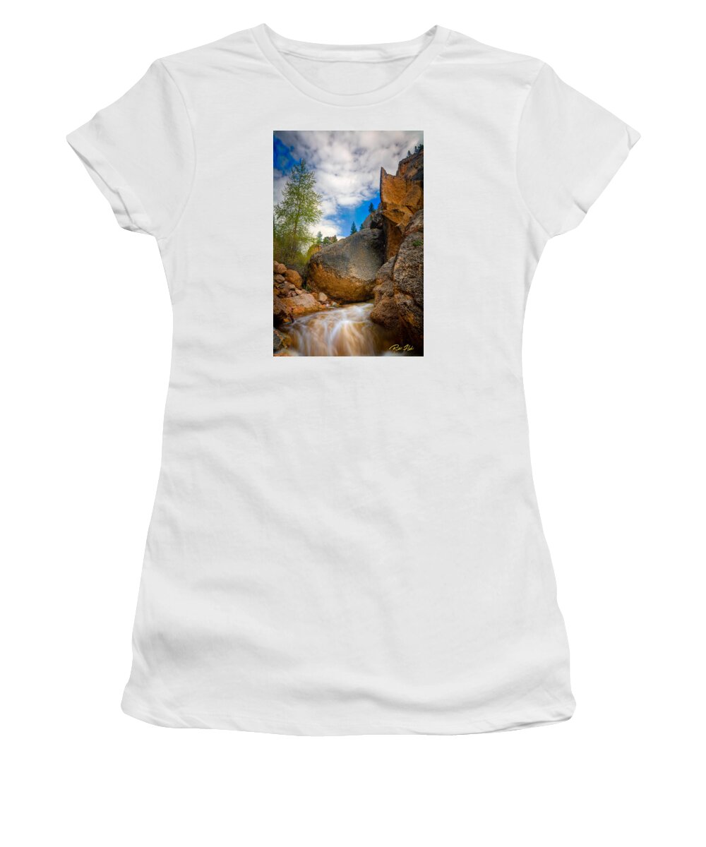 Flowing Women's T-Shirt featuring the photograph Fast-Flowing Crazy Woman by Rikk Flohr