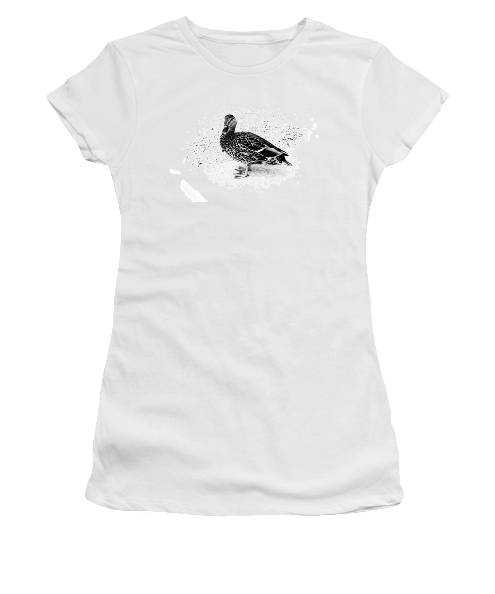 Mallard Duck Women's T-Shirt featuring the photograph Female Mallard Duck in Black and White 1 by Angie Tirado