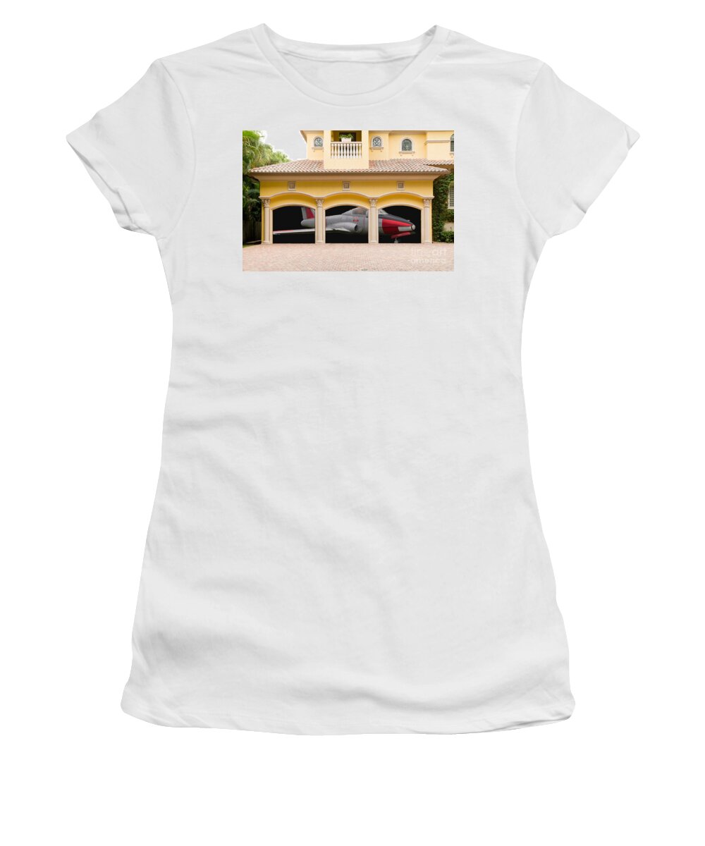 Triple Women's T-Shirt featuring the photograph Fighter jet in a garage by Les Palenik