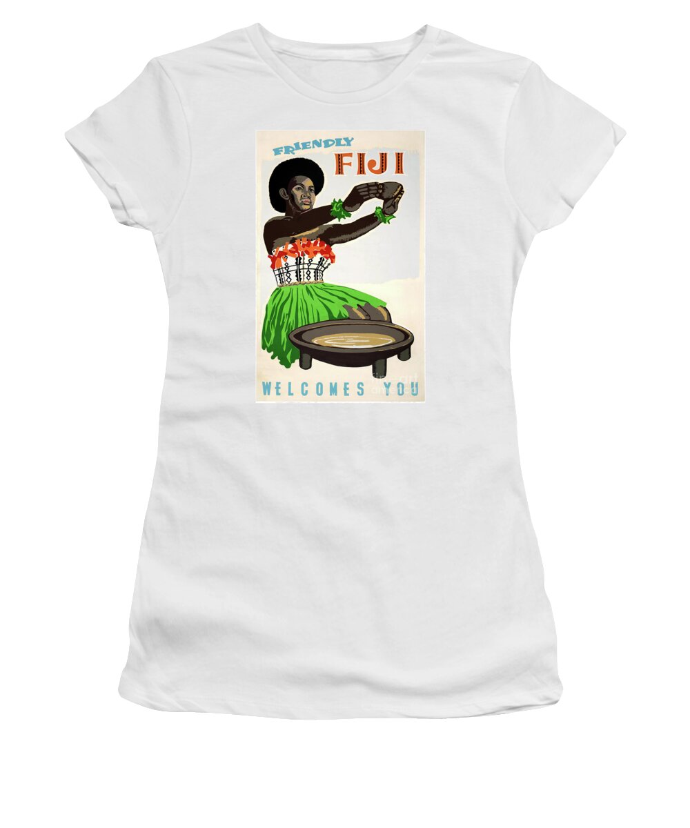  Travel Women's T-Shirt featuring the mixed media Fiji Restored Vintage Travel Poster by Vintage Treasure