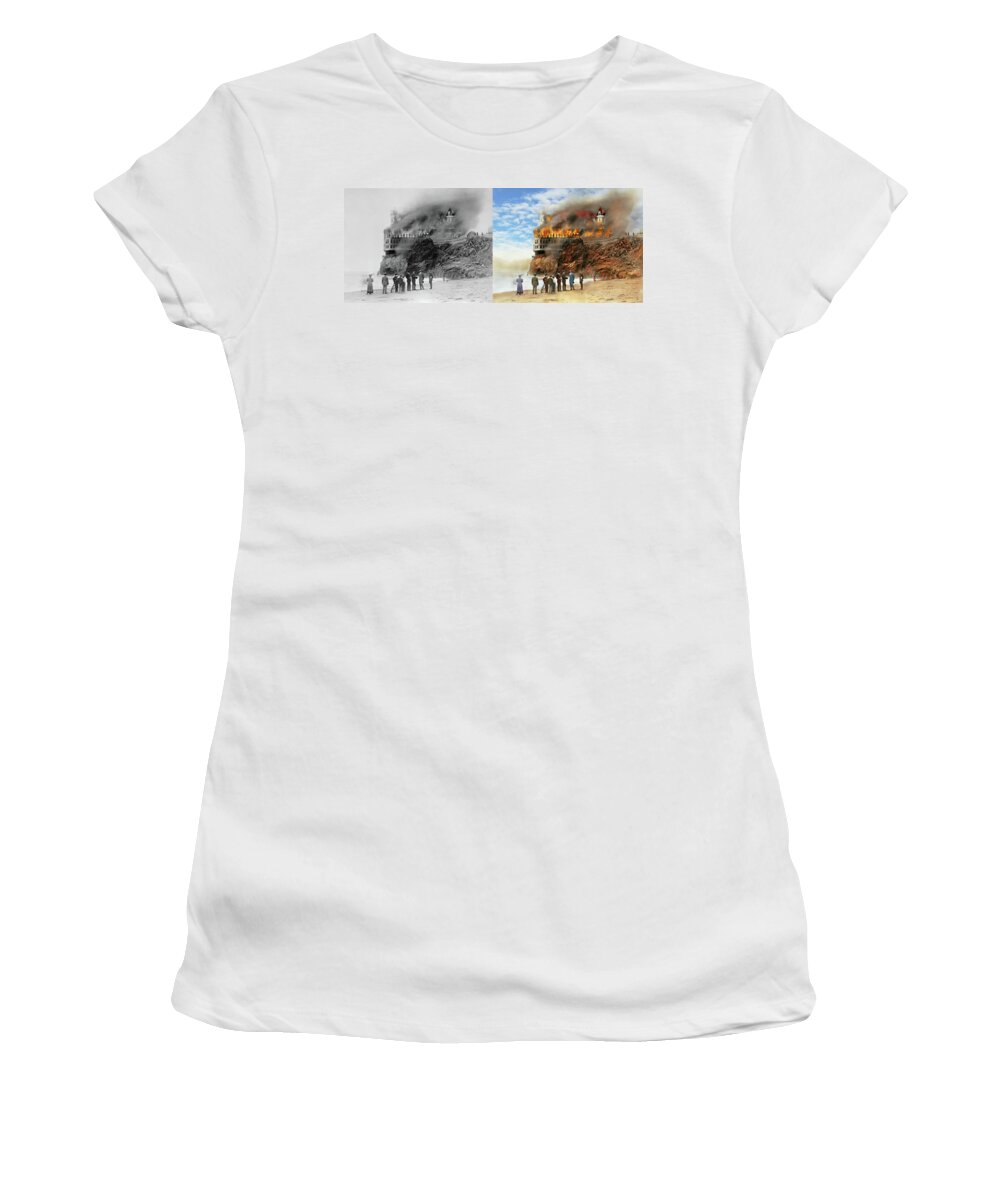Cliff House Fire Women's T-Shirt featuring the photograph Fire - Cliffside fire 1907 - Side by Side by Mike Savad