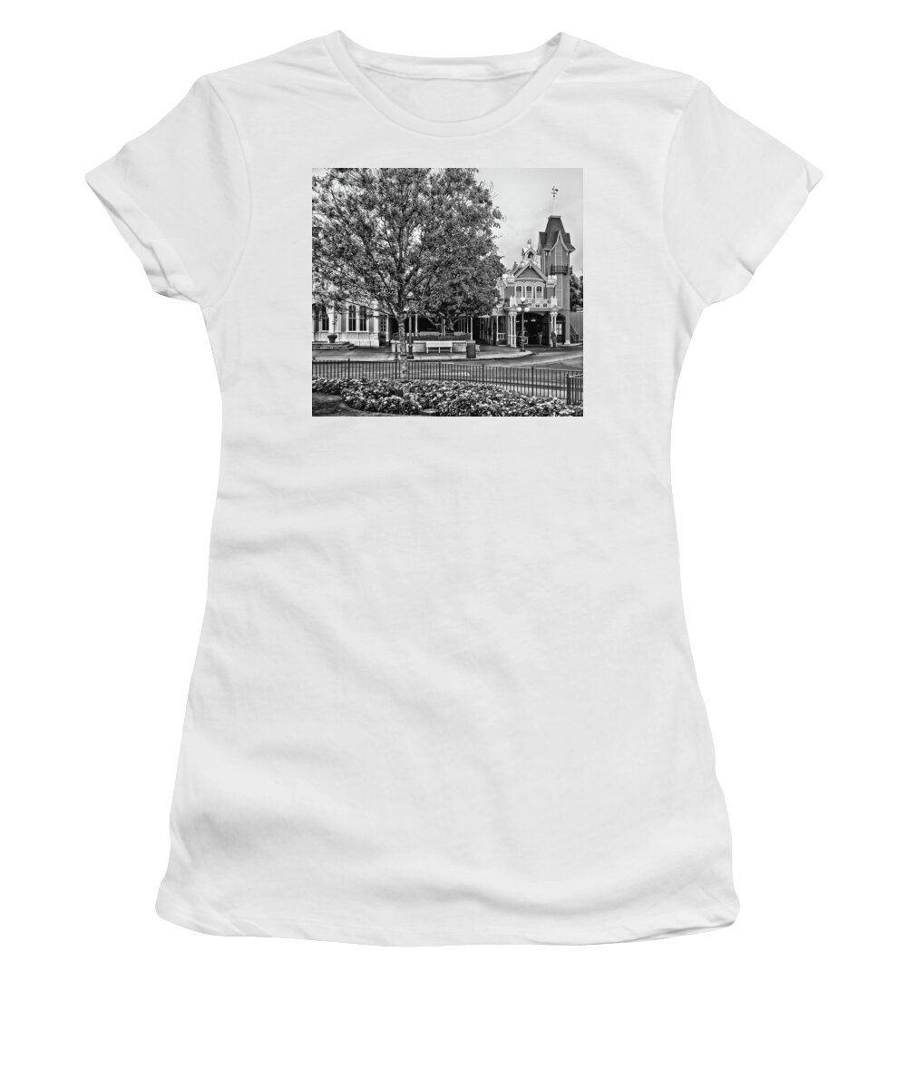 Black And White Women's T-Shirt featuring the photograph Fire Station Main Street in Black and White Walt Disney World MP by Thomas Woolworth