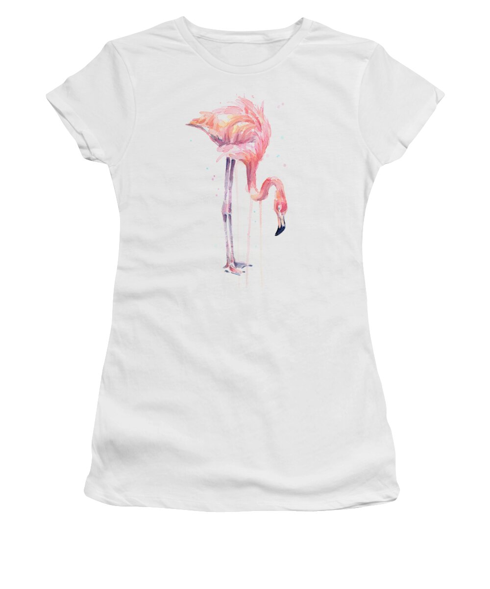 Watercolor Flamingo Women's T-Shirt featuring the painting Flamingo Illustration Watercolor - Facing Left by Olga Shvartsur