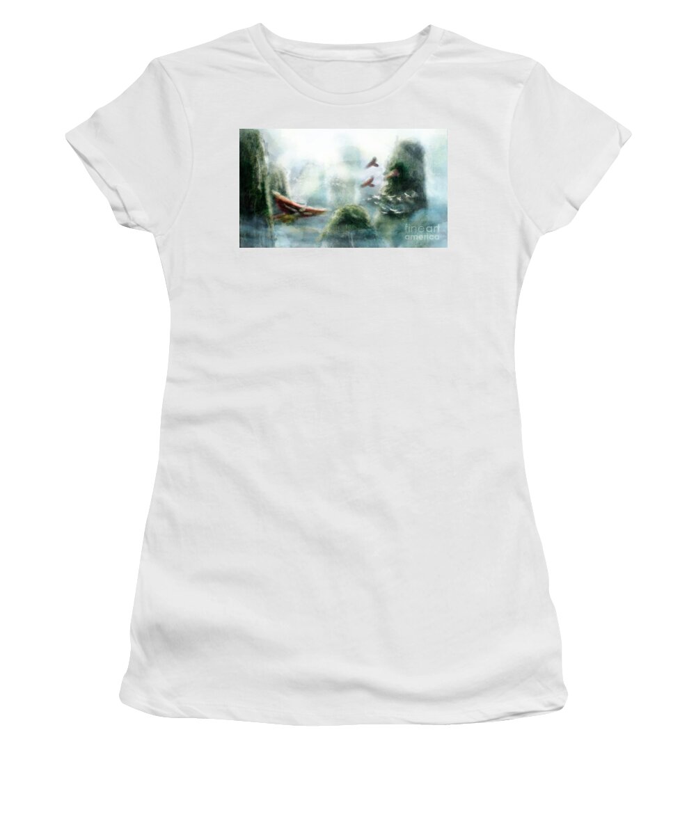 China Women's T-Shirt featuring the painting Flight through the Mountains by Brandy Woods