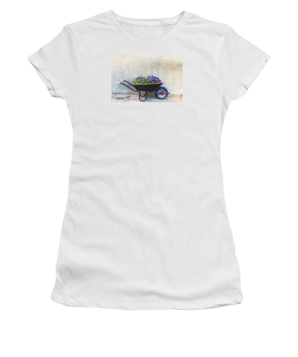 Cement Women's T-Shirt featuring the photograph Flowers in a wheelbarrow by Jim Orr