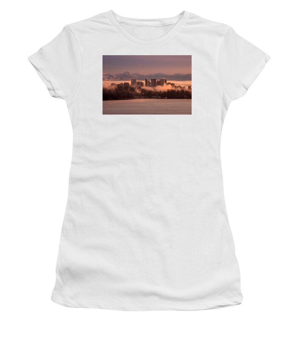 Bellevue Women's T-Shirt featuring the photograph Foggy Bellevue Sunrise by Matt McDonald