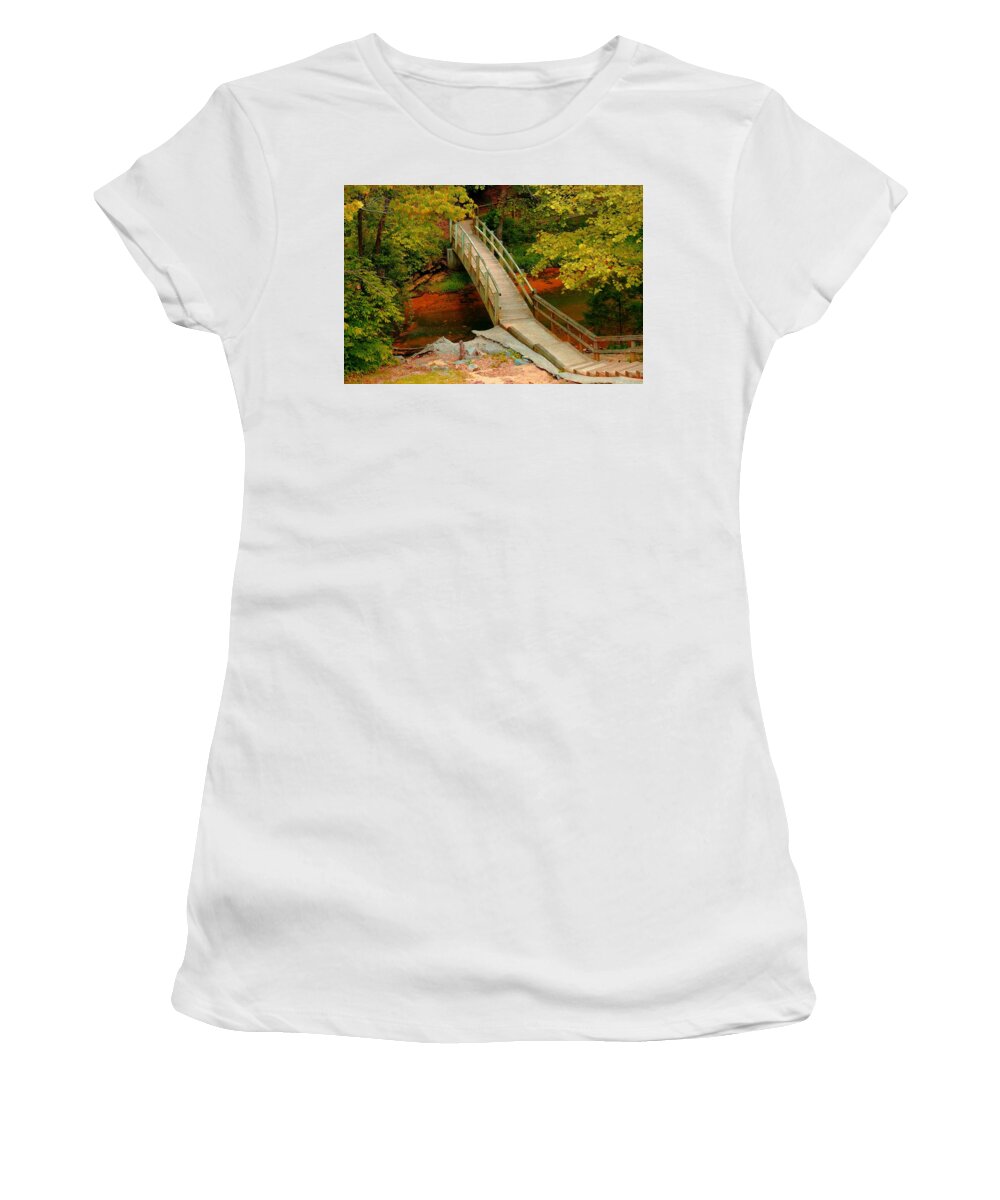 Autumn Women's T-Shirt featuring the photograph Footbridge into Autumn by Stacie Siemsen