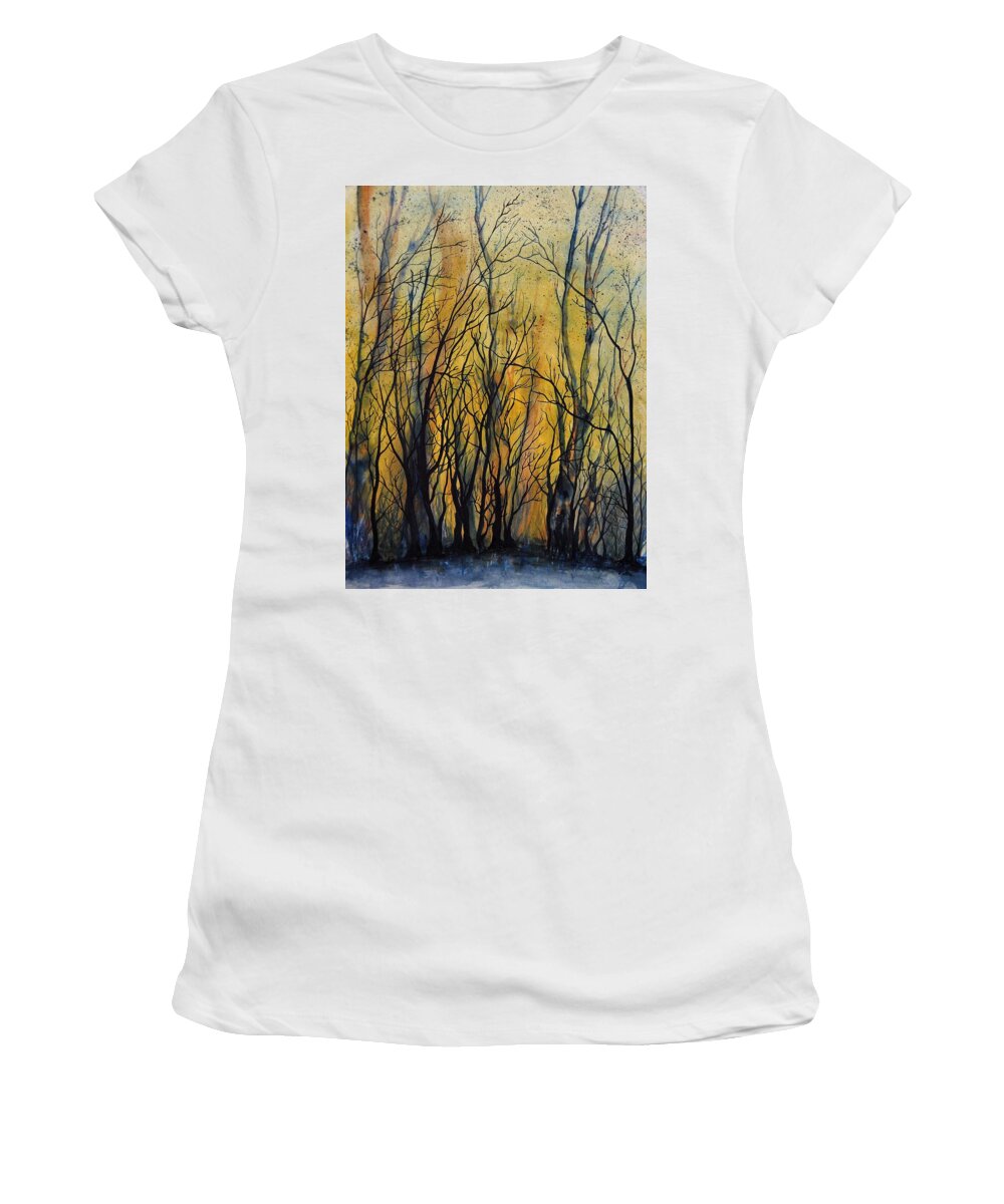 Burn Women's T-Shirt featuring the painting Fire in the Forest by Vallee Johnson