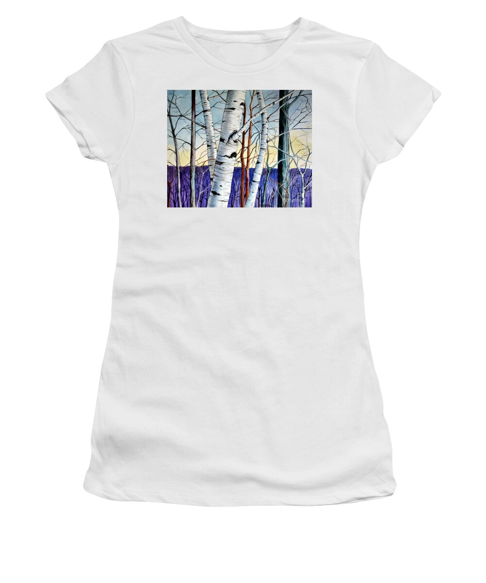 Birch Women's T-Shirt featuring the painting Forest of trees by Christopher Shellhammer