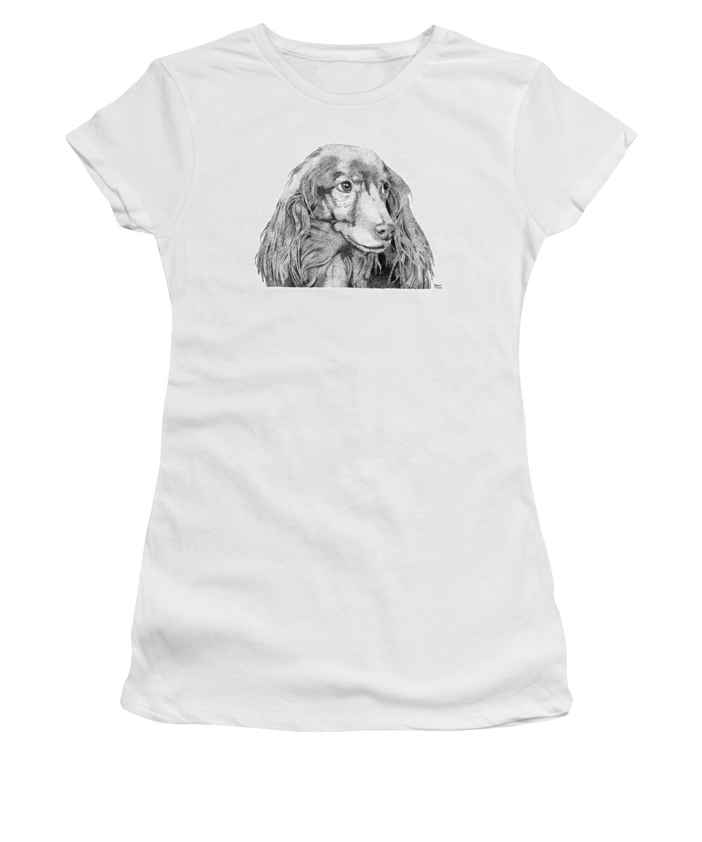 Longhair Dachshund Women's T-Shirt featuring the drawing Fred by Robert Morin