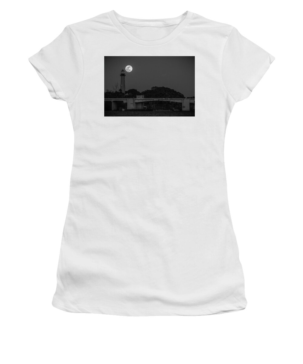 Black And White Women's T-Shirt featuring the photograph Full Moon and The Jupiter Lighthouse by Christopher Perez