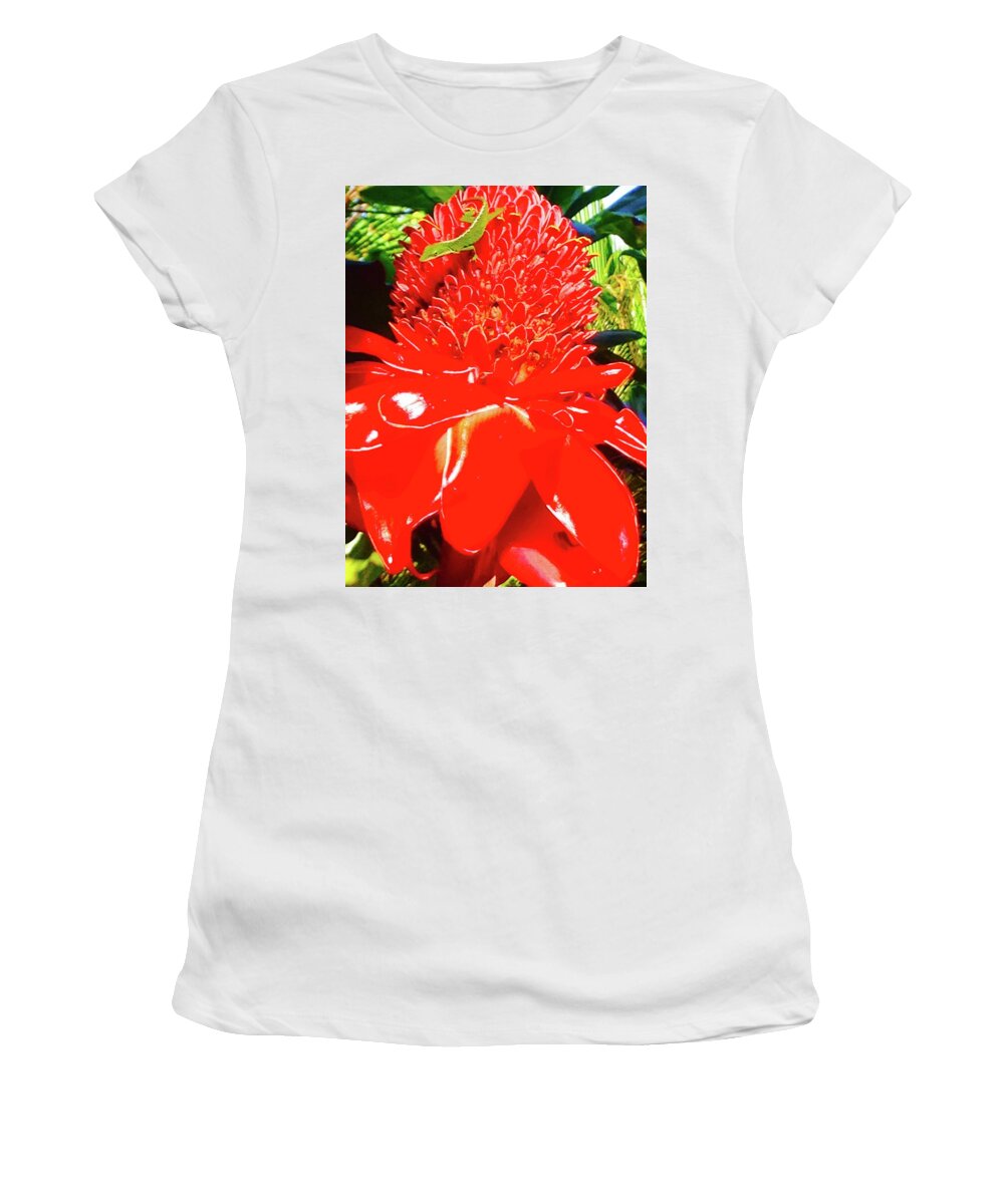 Gecko Torch Ginger Red Flowers Of Aloha Women's T-Shirt featuring the photograph Gecko on Torch Ginger by Joalene Young