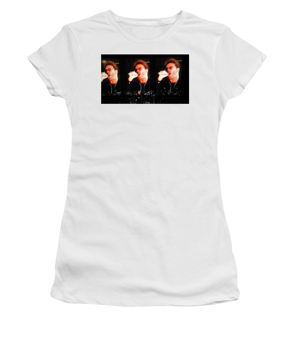 George Michael Women's T-Shirt featuring the photograph George Michael the passionate performer by Toni Hopper