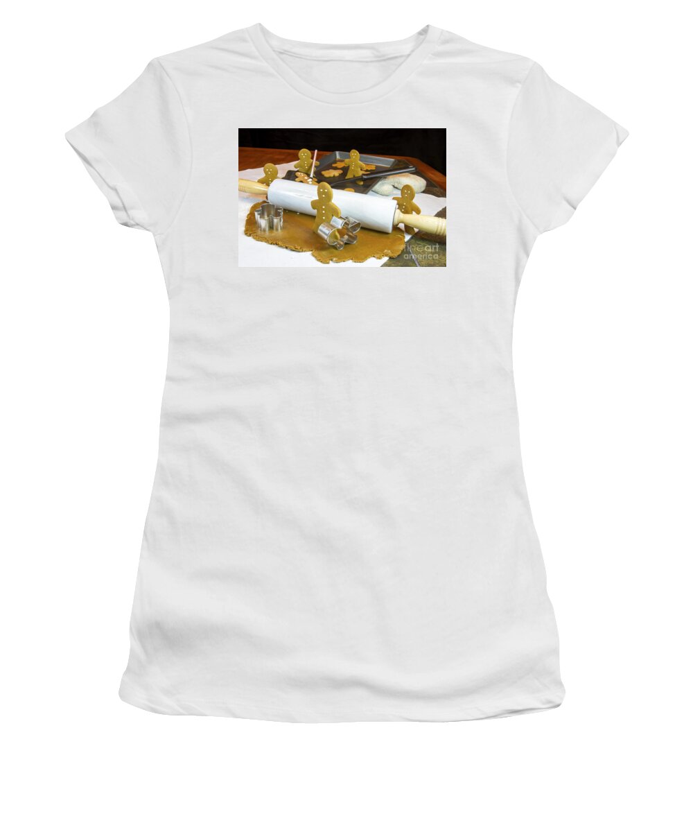 Bake Women's T-Shirt featuring the photograph Gingerbread Cookies Making Gingerbread Cookies by Karen Foley