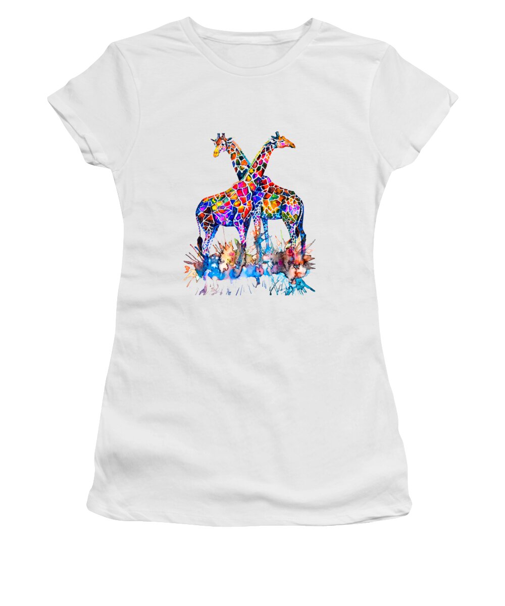Giraffes Women's T-Shirt featuring the painting Giraffes by Zaira Dzhaubaeva