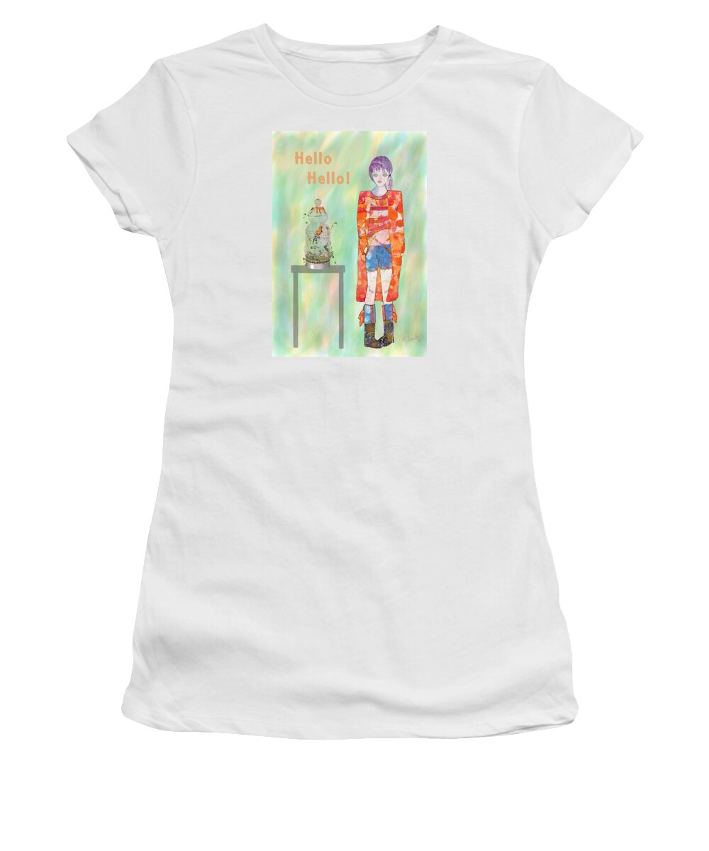 Girl Women's T-Shirt featuring the mixed media Girl and Parrot by Rosalie Scanlon