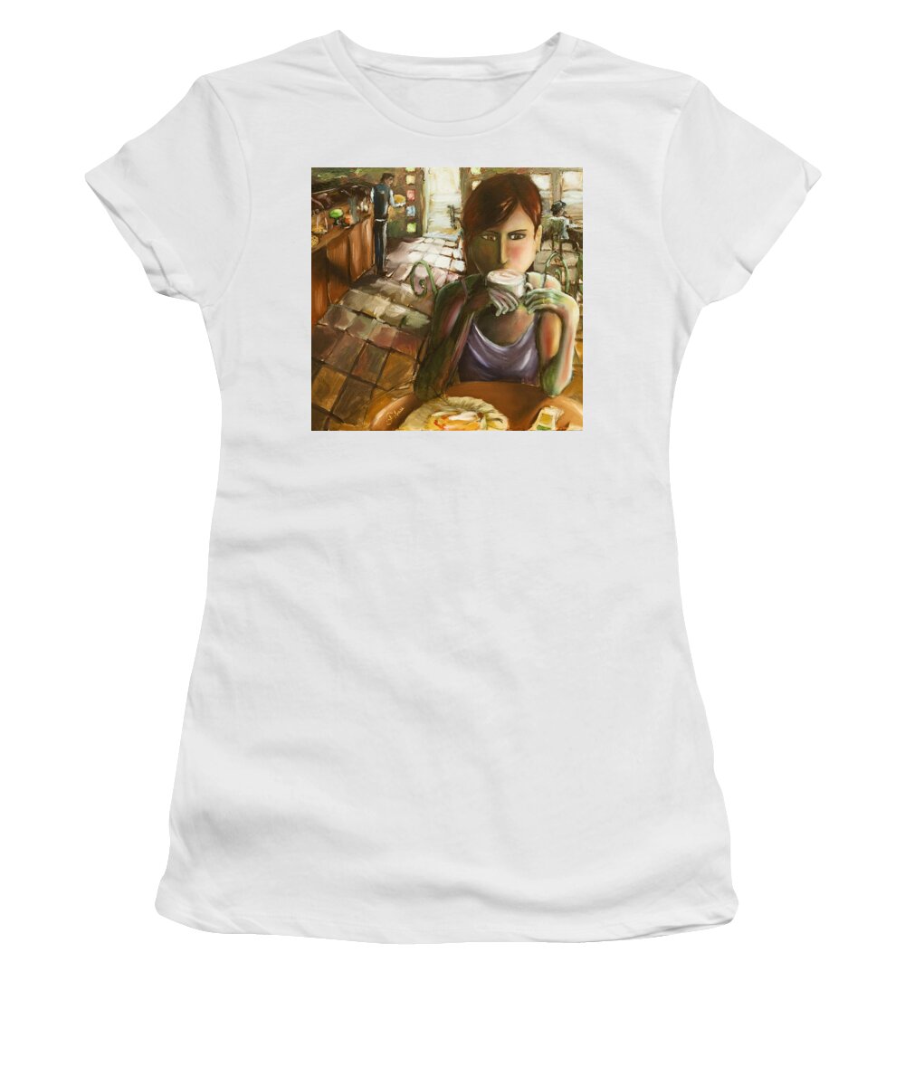 Cafe Women's T-Shirt featuring the painting Girl at the Cafe by Carlos Flores
