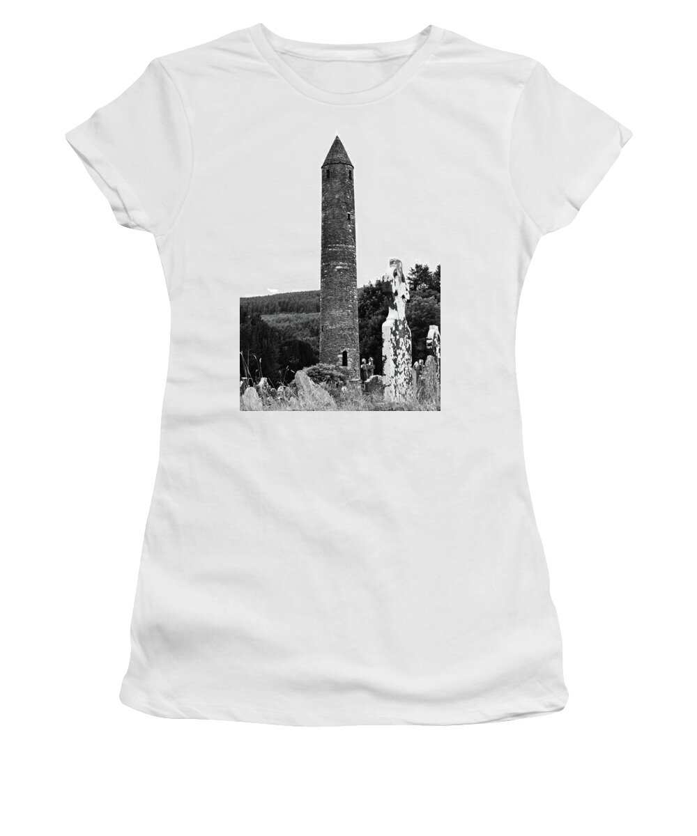 Glendalough Women's T-Shirt featuring the photograph Glendalough Round Tower and Celtic Cross Headstone County Wicklow Ireland Black and White by Shawn O'Brien