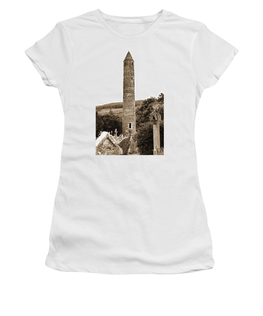 Glendalough Women's T-Shirt featuring the photograph Glendalough Round Tower Rising Above Irish Graveyard County Wicklow Ireland Sepia by Shawn O'Brien
