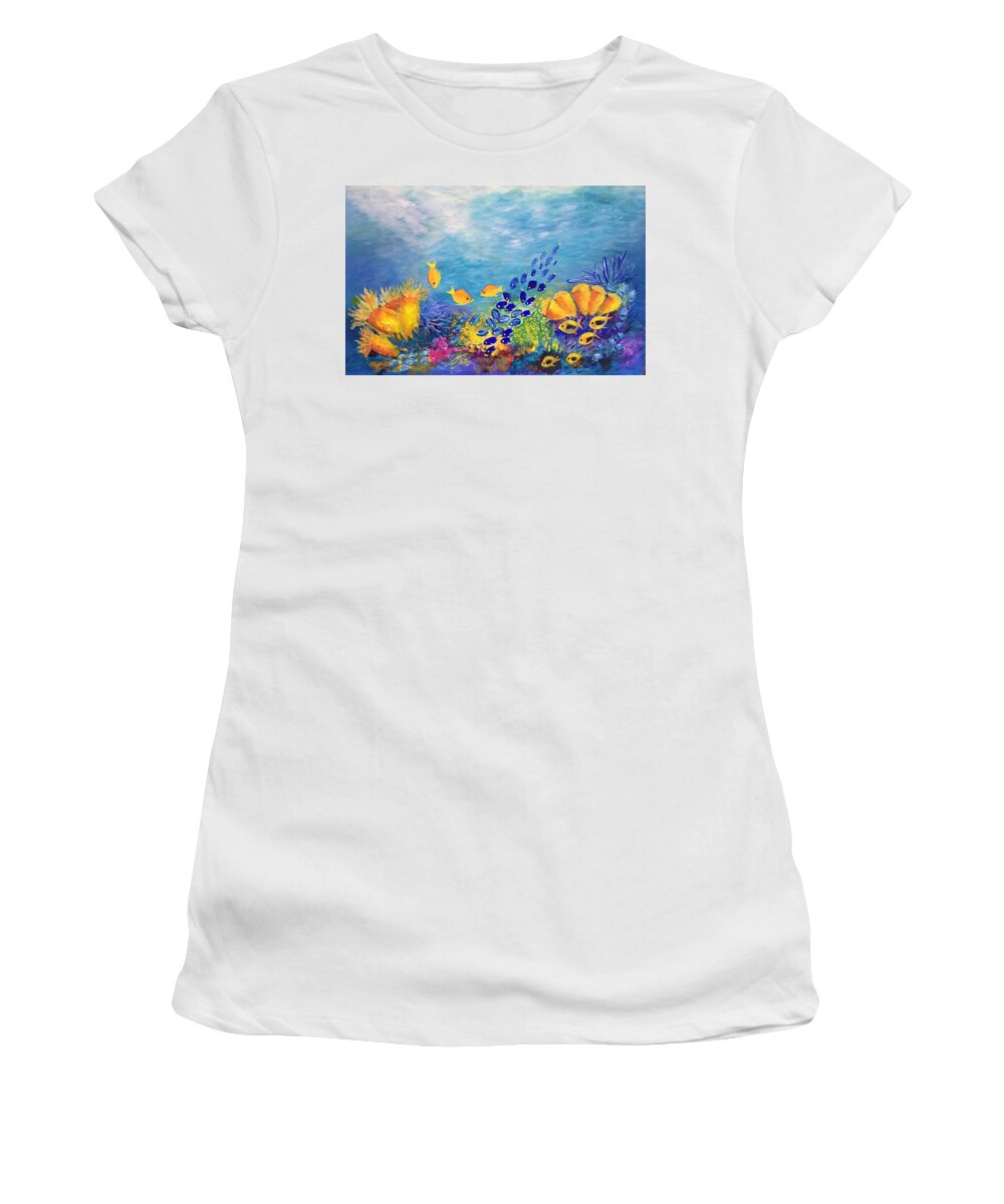 Coral Women's T-Shirt featuring the painting Golden Glow by Lyn Olsen