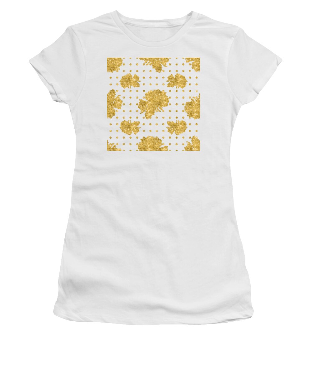 Gold Women's T-Shirt featuring the painting Golden Gold Blush Pink Floral Rose Cluster w Dot Bedding Home Decor by Audrey Jeanne Roberts