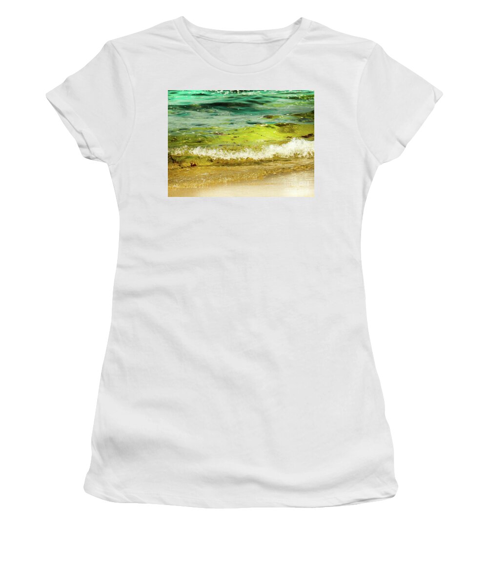 Golden Waves Women's T-Shirt featuring the photograph Golden Waves at Pacific Grove California near Lover's Point by Artist and Photographer Laura Wrede