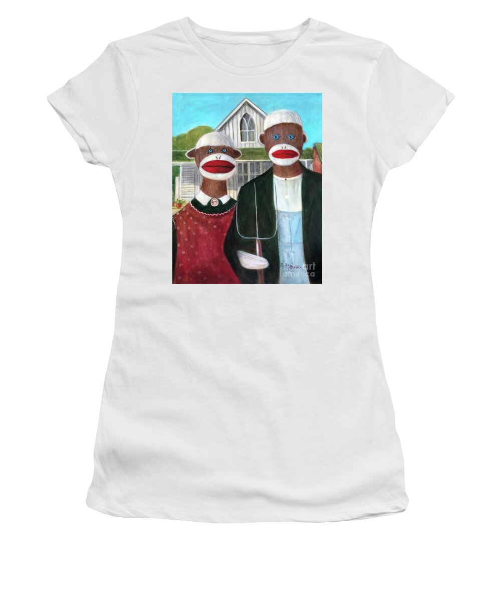 Masterpiece Women's T-Shirt featuring the painting Gothic American Sock Monkeys by Rand Burns