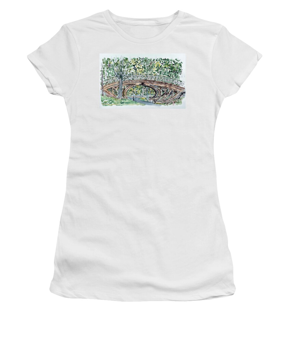 Bridge Women's T-Shirt featuring the painting Gothic Bridge, Central Park by Anthony Butera