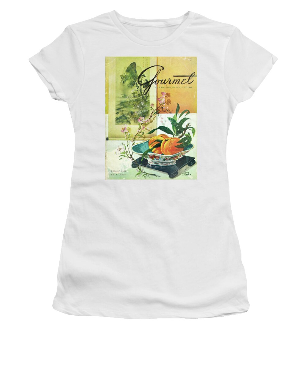 Food Women's T-Shirt featuring the photograph Gourmet Cover Featuring A Bowl Of Peaches by Henry Stahlhut
