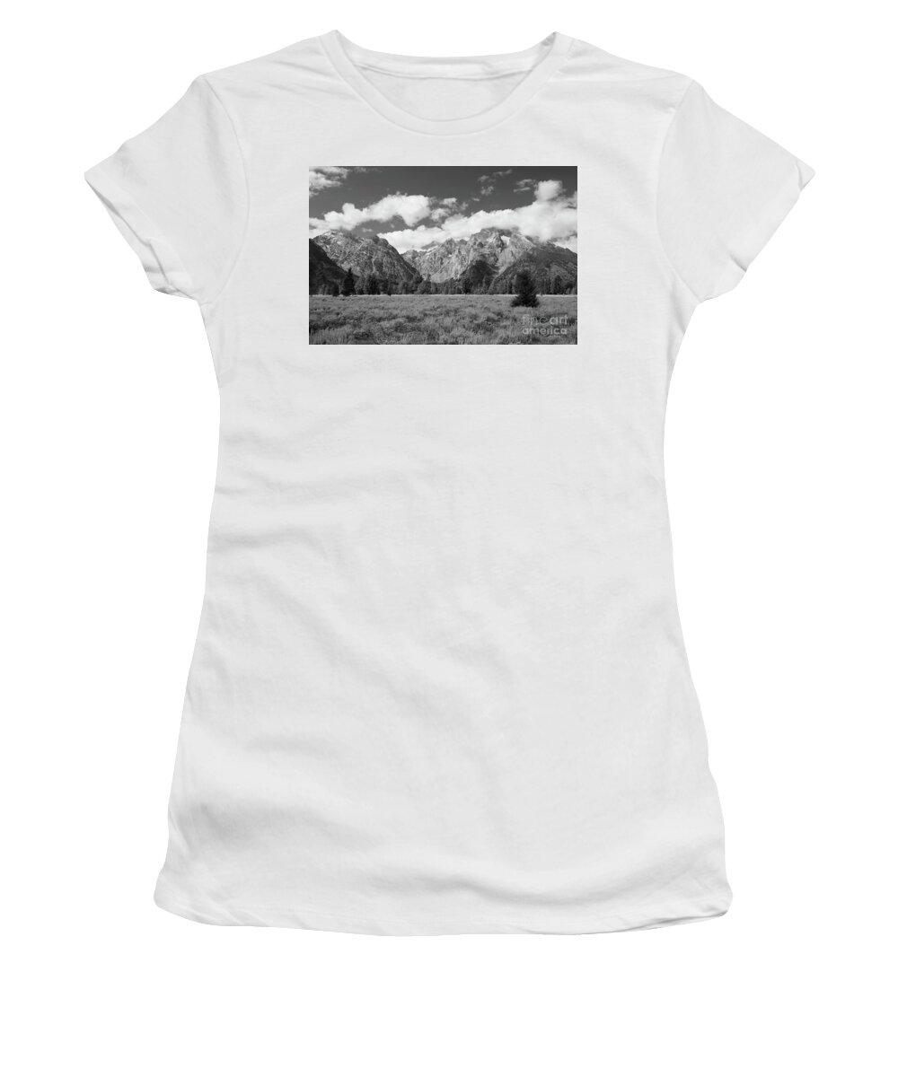 Grand Tetons Women's T-Shirt featuring the photograph Grand Tetons in Black and White by Bruce Block
