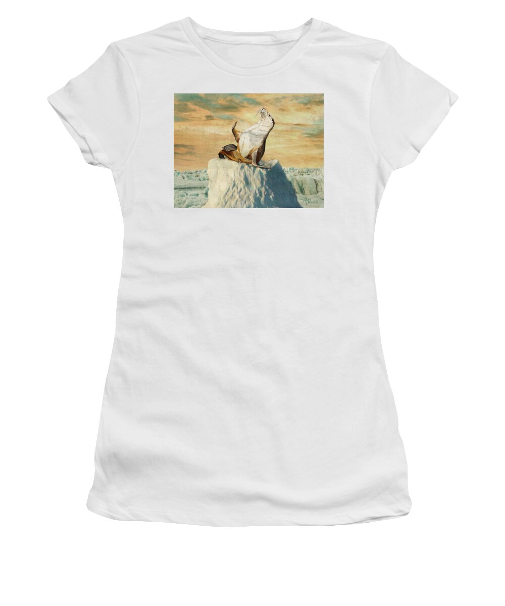 Sea Lion Women's T-Shirt featuring the painting Greetings From The Arctic by Angeles M Pomata