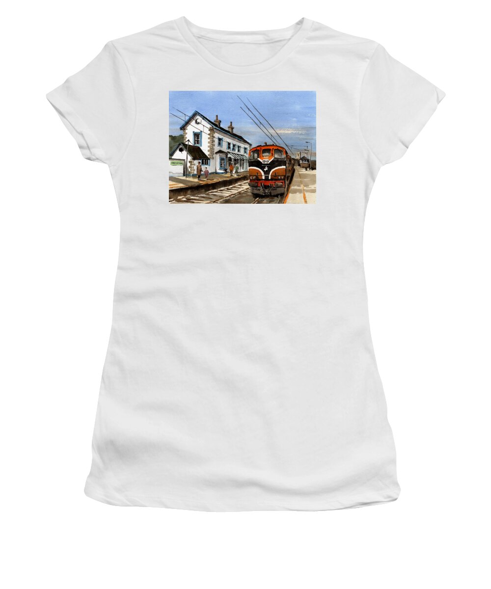 Ireland Women's T-Shirt featuring the painting Greystones Railway Station Wicklow by Val Byrne