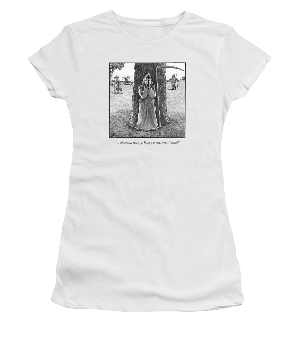 Grim Reaper Women's T-Shirt featuring the drawing Grim Reaper plays hide and seek at an old-age home. by Harry Bliss