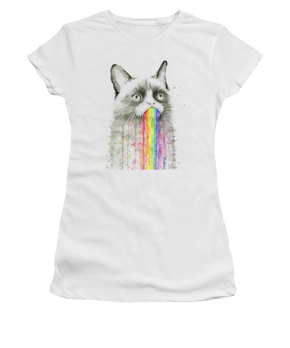 Grumpy Women's T-Shirt featuring the painting Grumpy Rainbow Cat by Olga Shvartsur