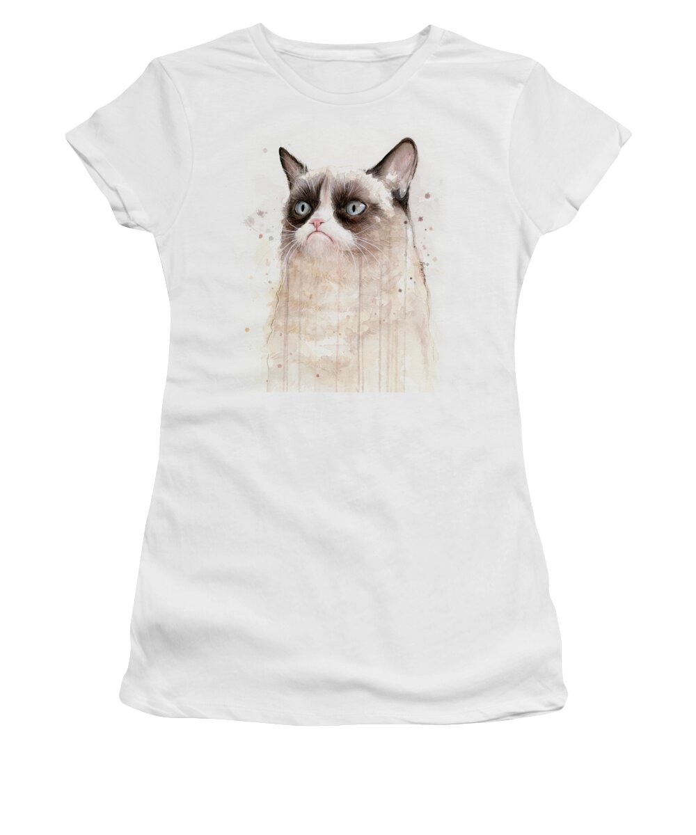 Grumpy Women's T-Shirt featuring the painting Grumpy Watercolor Cat by Olga Shvartsur