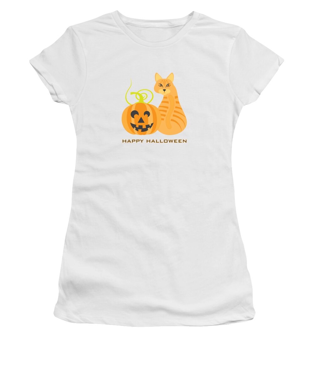 Halloween; Tabby; Cat; Domestic; Pet; Looking; Back; Sitting; Orange; Stripes; Animal; Pumpkin; Jack-o-lantern; Festive; Celebration; Holiday; Isolated; White; Background; Color; Greeting; Card; Poster; Sticker; Illustration; Drawing; Vector Women's T-Shirt featuring the digital art Halloween Orange Tabby Cat Pumpkin Illustration by Jit Lim