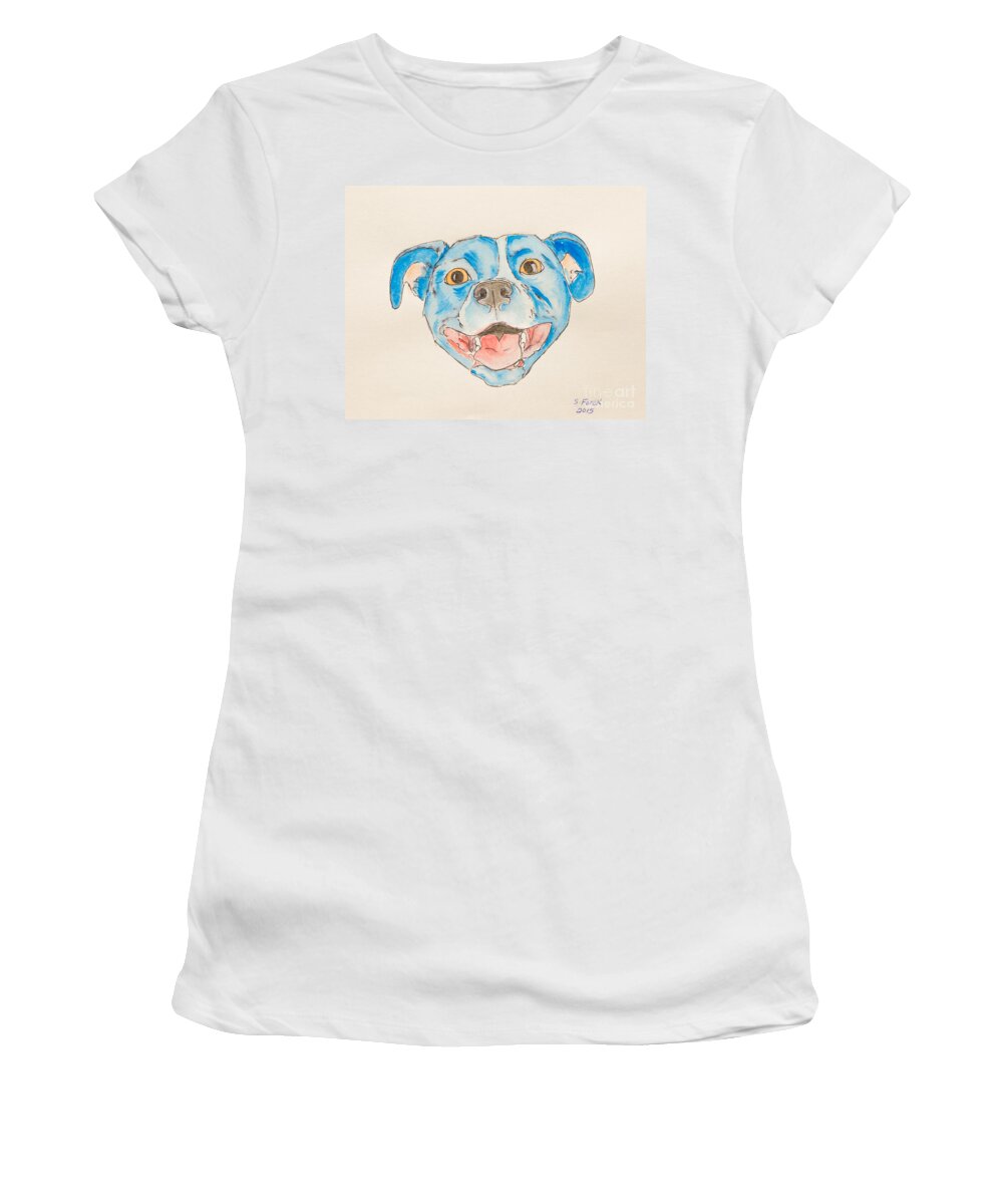 Dog Women's T-Shirt featuring the painting Happy dog blue by Stefanie Forck