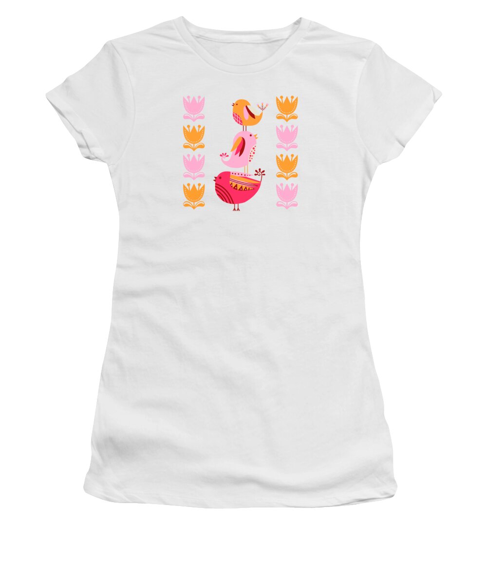 Painting Women's T-Shirt featuring the painting Happy Pink And Orange Birds And Blooms by Little Bunny Sunshine