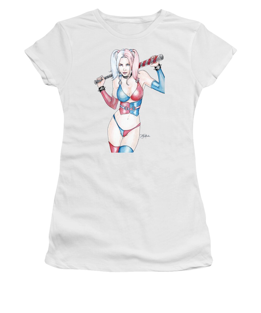 Harley Women's T-Shirt featuring the drawing Harley with bat by Bill Richards