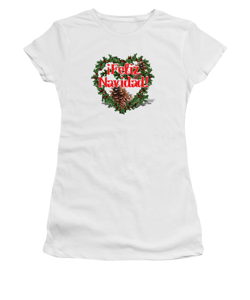 Feliz Navidad Women's T-Shirt featuring the digital art Heart Shaped Wreath - Feliz Navidad by Gravityx9 Designs