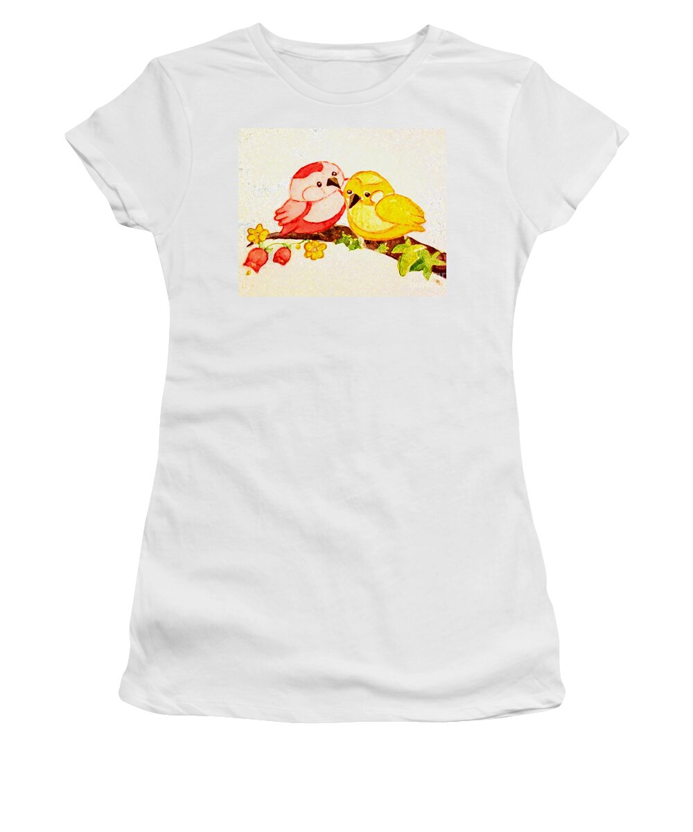 Two Chickadees Women's T-Shirt featuring the painting Here's Looking at You by Hazel Holland